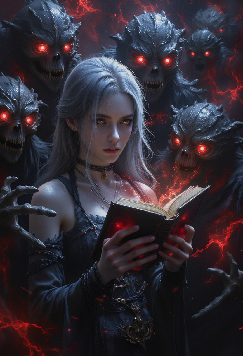 FredFraiStyle "A midjourney style oil painting of a digital artwork, in a dark fantasy etherial style, close up portrait, "A dark fantasy scene featuring a pale woman with long silver hair, wearing a gothic, corset-style black dress. She holds an ancient glowing book with red light emanating from its pages. Behind her, shadowy, undead creatures with skeletal faces and glowing red eyes reach out, surrounding her. The atmosphere is eerie and supernatural, with swirling red mist and a sense of dark magic. The setting is dramatic and haunting, with emphasis on the woman's stoic expression and the dark, ominous figures in the background.""
<lora:MyNewFantasy:0.7> 
<lora:DarkMAGIC_FLUX:1>