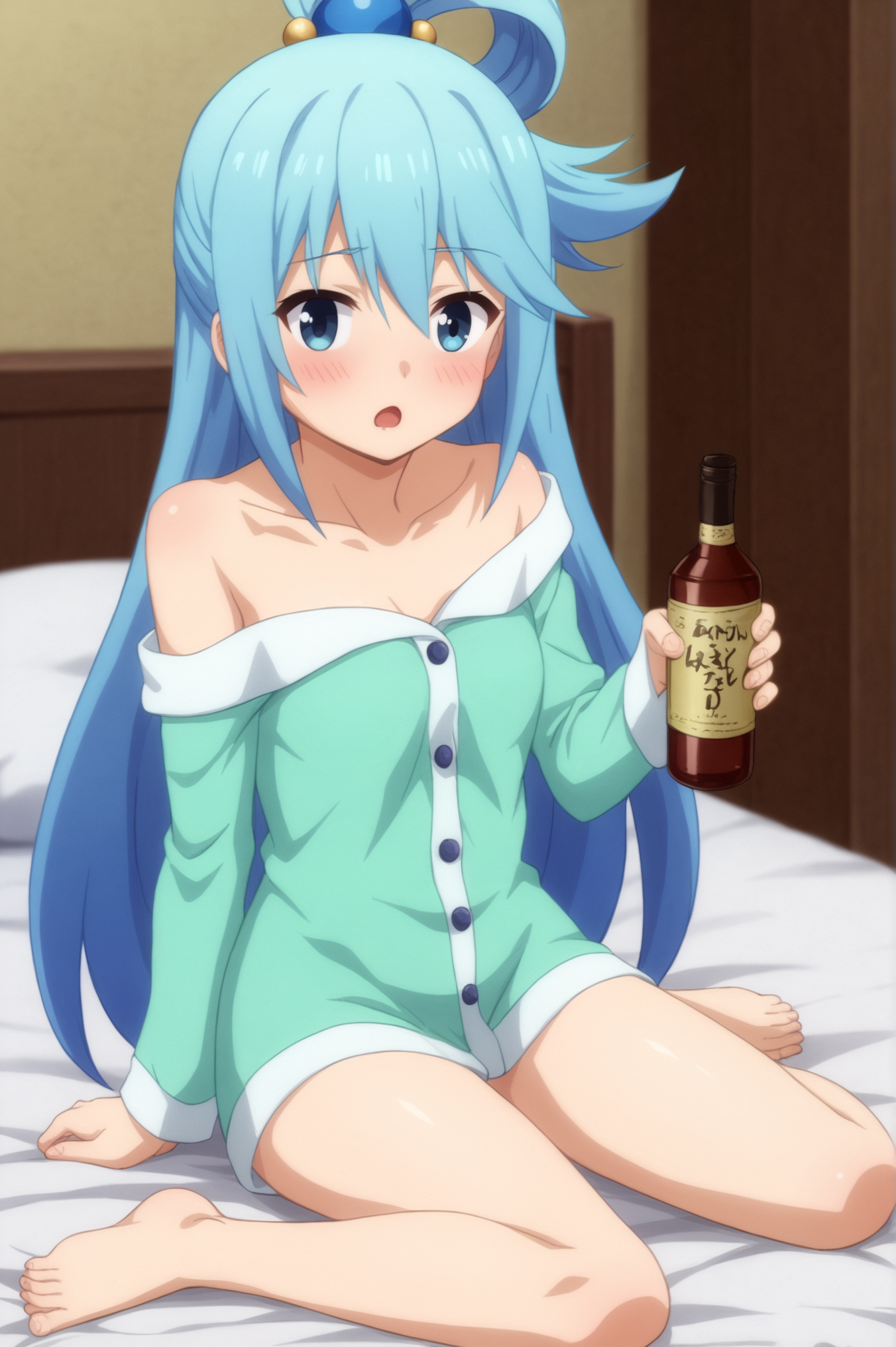 <lora:Aqua:0.7> Aqua, 1girl, solo, looking_at_viewer, blush, open_mouth, holding, bare_shoulders, sitting, collarbone, barefoot, indoors, off_shoulder, bed, bottle, alcohol, pajamas, yokozuwari, holding_bottle, anime_coloring <lora:sdxl_lightning_4step_lora:1>