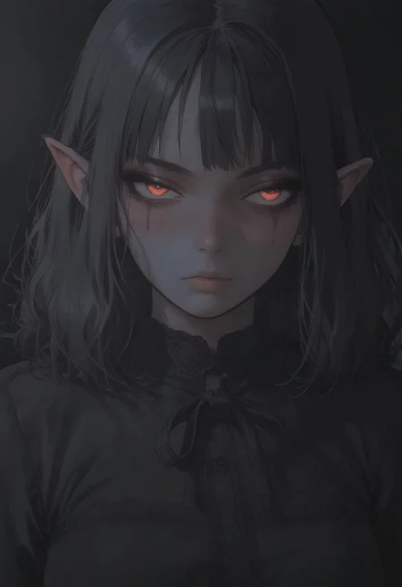 (score_9, score_8_up, score_7_up), source_anime, anime, female, elf, (dark blue skin), black hair, burgundy eye color, black eye sclera, layered clothing, waist-high, black background, woman