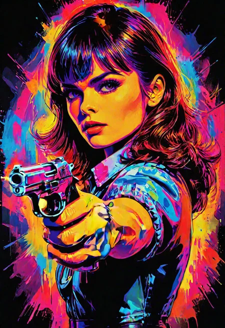 impactful color paint of a bangs haired woman holding a pistol, badass, fierce, highly detailed, vibrant colors, 8k, sharp, professional, clear, high contrast, high saturated, vivid deep blacks, crystal clear, movie poster, sharp edges