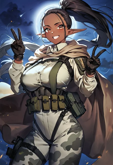 score_9, score_8_up, score_7_up, score_6_up, score_5_up, score_4_up, Dark Elf, Dark Skin, long elf ears, big breasts, long brunette hair, rough hair, ponytail, brown eyes, wearing olive plate carrier, wearing olive tactical gear, white/gray camouflage blouse, camo blouse, white/gray camouflage trousers, camo trousers, Olive load bearing vest, Olive cape, sling, gloves, military, gas mask, dark sky, dark surroundings, night, night time, happy, smiling, peace sign