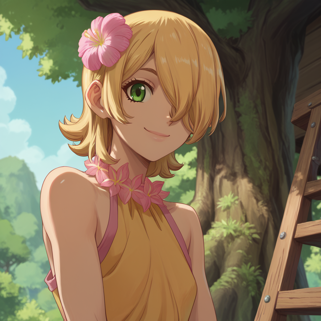<lora:SlimesFemGinro:1>, score_9, score_8_up, score_7_up, slimes_femginro, solo, smiling, hair over one eye, green eyes, blonde hair, flower in hair, treehouse background