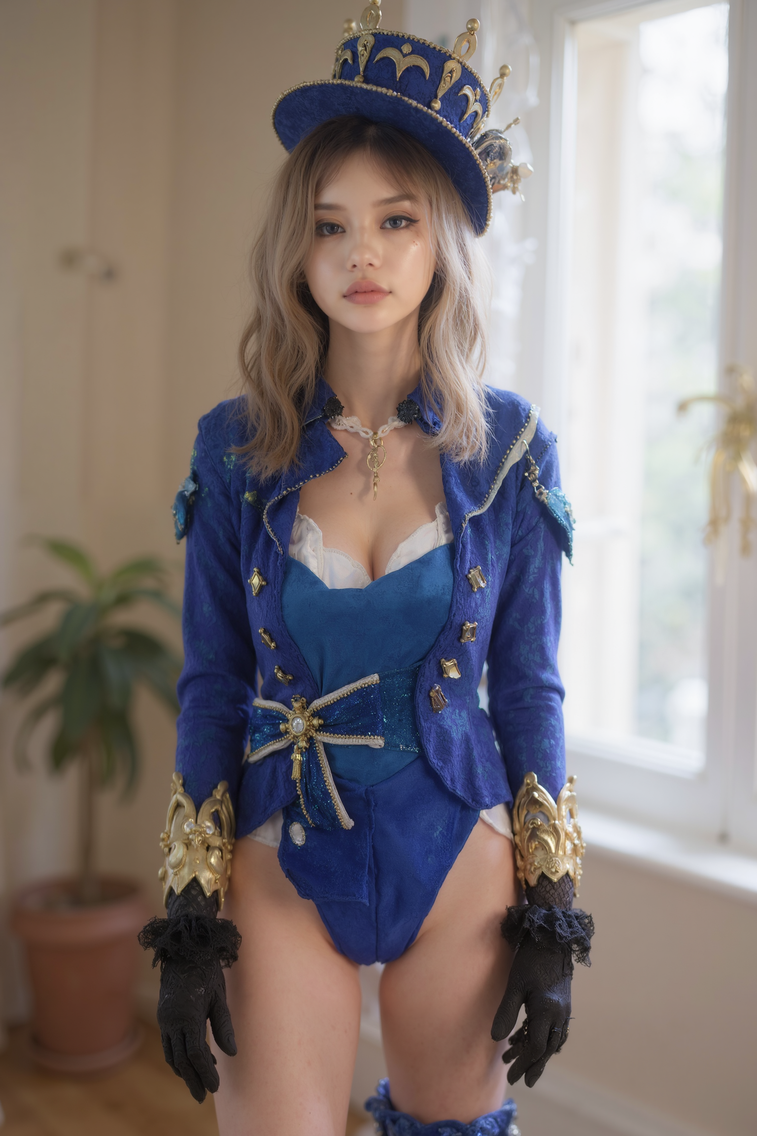 This is a high-resolution full body photograph featuring a young woman standing on the floor in the house. 

She is wearing SGWN34Clothing with a vibrant blue outfit with gold accents, with a blue and gold crown, thigh-high boots, and fingerless gloves.

Intimate morning portrait, natural window light streaming in, blonde wavy hair, soft genuine smile,  casual at-home vibes, bashful mischievous glance, minimal everyday makeup, warm vanilla walls in background, lifestyle photography, candid moment, shot on Sony A7IV with 35mm f/1.4 lens, shallow depth of field, (soft morning glow:1.3), (natural skin texture:1.2), (gentle bokeh:1.2), (casual intimacy:1.4), dreamy atmosphere, film-like grain, nostalgic color grading, Instagram aesthetic, lifestyle blogger quality
