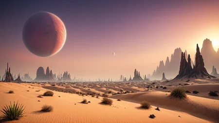 <lora:artfullyENVIRON_SDXL_V1:1>, alien planet, biome, environment setting, sunset desert
