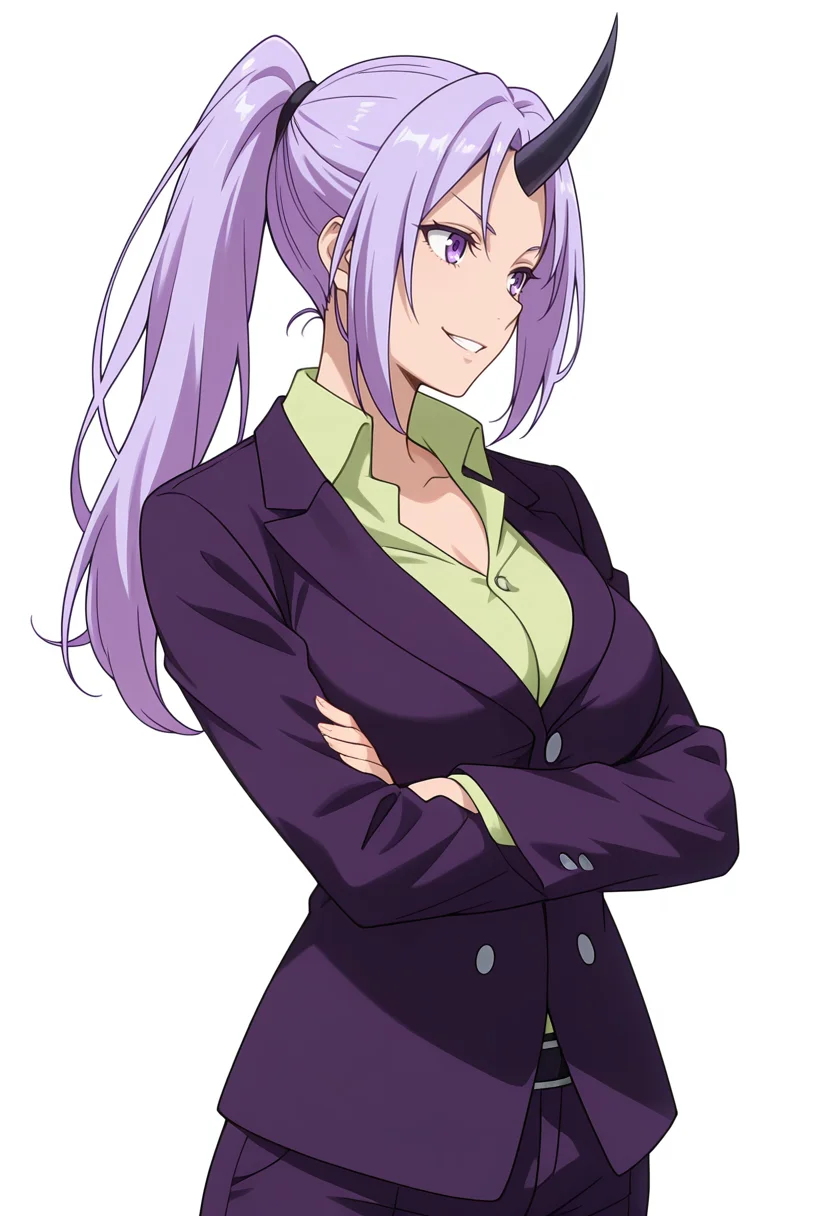 Smooth Quality,masterpiece,very intricate, high quality details, ultra realistic, high detailed skin,detailed enviorement,absurdres,
simple background, white background, 
from side,standing, arms crossed, head tilt, serious, balanced stance, confident,  ,grin,
 <lora:Shion_cnr:0.8> shion_cnr, 1girl, purple hair, long hair, ponytail, large breasts, single horn, shion_def,collared shirt, green shirt,purple pants, formal,