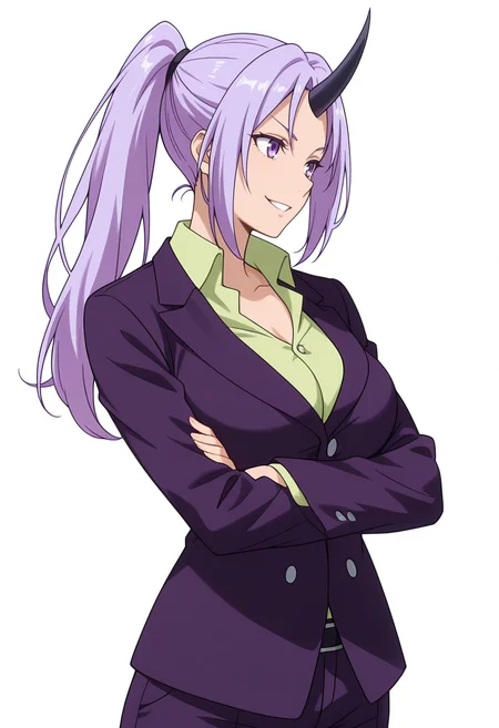 Smooth Quality,masterpiece,very intricate, high quality details, ultra realistic, high detailed skin,detailed enviorement,absurdres,
simple background, white background,
from side,standing, arms crossed, head tilt, serious, balanced stance, confident, ,grin,
<lora:Shion_cnr:0.8> shion_cnr, 1girl, purple hair, long hair, ponytail, large breasts, single horn, shion_def,collared shirt, green shirt,purple pants, formal,