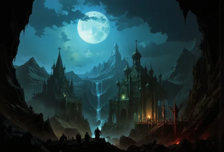 Cumberland gap, it's a devil of a gap,
,heavy rain,giant moon,silhouettes,restless souls,ravens,jagged,stars,down into the depth,glowing in the dead of night,depth and dimensionality,shimmering,horror theme,dark fantasy,best quality,masterpiece, detailed, UHD, lots of fine detail,award-winning,vibrant,acid colors,gloss,illustration,brushstrokes,surreal,cinematic, ,visionary,disturbing,angst,thrilling,dramatic angle,unique perspective,hdr,red,yellow,deep darks, iridescence,intense poignant atmosphere,creative,uncommon,mesmerizing,
Thomas Cole
Piotr Jabłoński
Greg Rutkowski
Edvard Munch
Edgar allan poe
 Ivan Aivazovsky