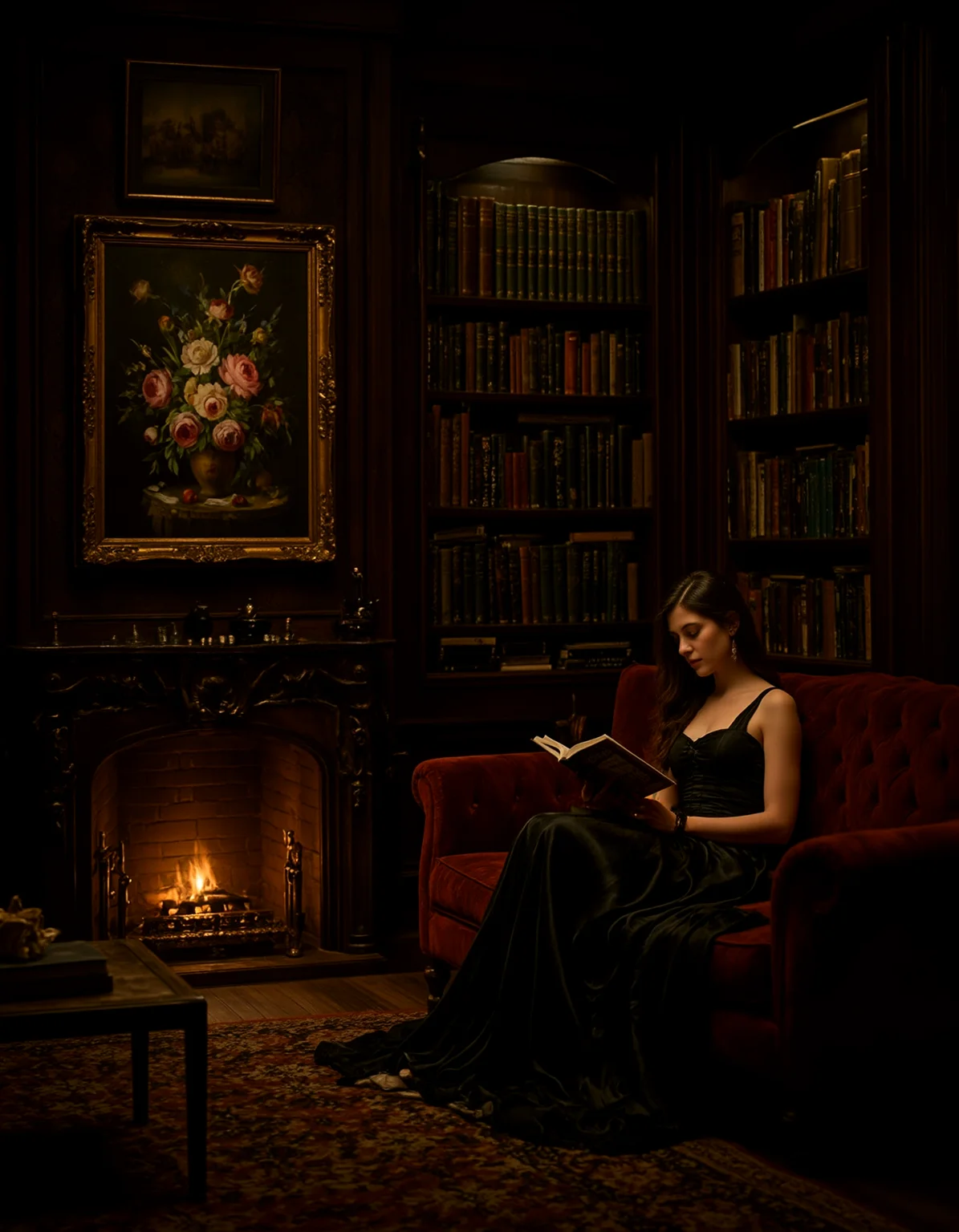 Dark cozy library room, fireplace is lit, floral painting hung on the wall, in the corner is sitting a women in a black dress on a dark red velvet sofa, she is reading a book, rug, coffee table,