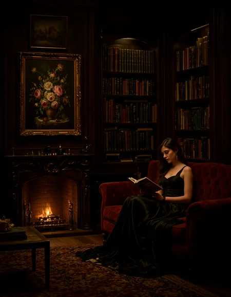 Dark cozy library room, fireplace is lit, floral painting hung on the wall, in the corner is sitting a women in a black dress on a dark red velvet sofa, she is reading a book, rug, coffee table,