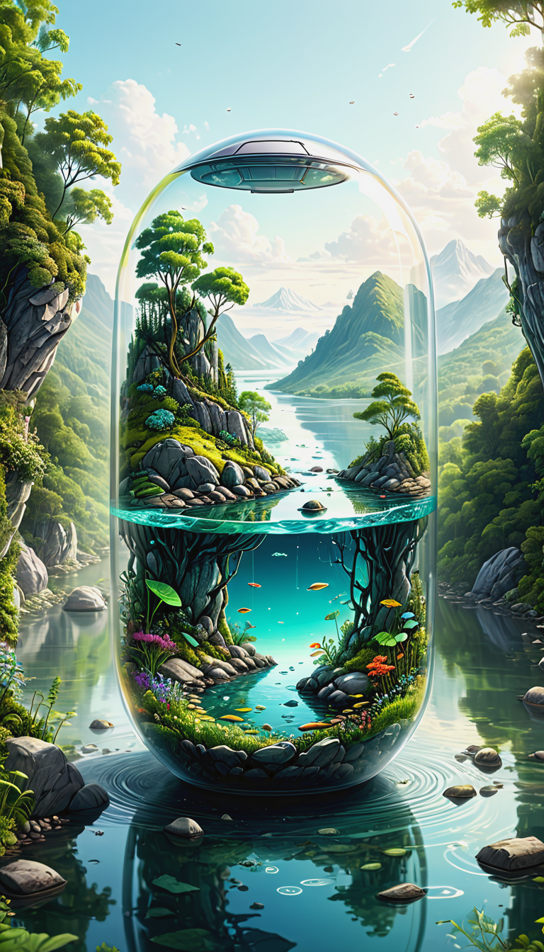 a amazing river into of a glass capsule, doodle cool art, white background, high detailed, intricate details, sharpen filter, marvelous environment, storybook detailed illustration, sunny, bright and detailed character design, cartoon style, UHD drawing, 8k<lora:xl_more_art-full_v1:0.3>