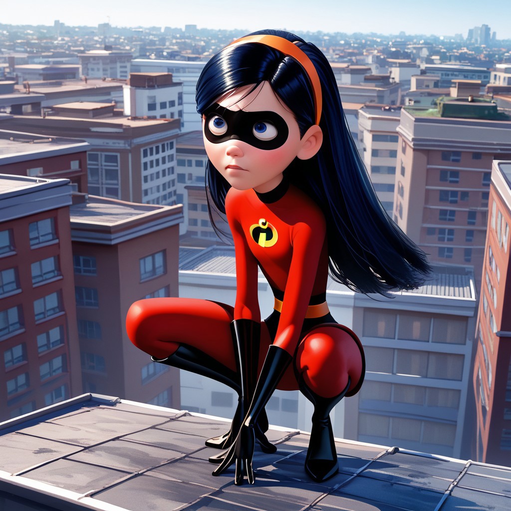 score_9, score_8_up, score_7_up, score_6_up, score_5_up, score_4_up, 1girl, VioletParr, superhero, long hair, headband, mask, crouching,rooftop,