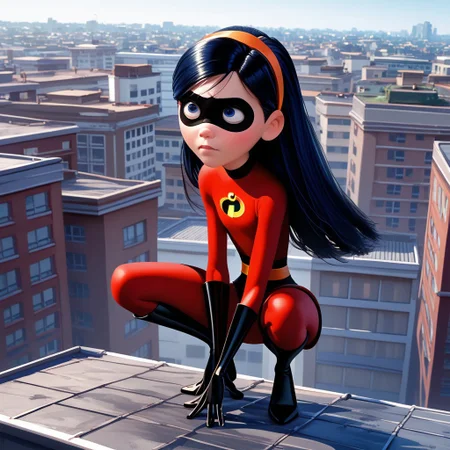 score_9, score_8_up, score_7_up, score_6_up, score_5_up, score_4_up, 1girl, VioletParr, superhero, long hair, headband, mask, crouching,rooftop,