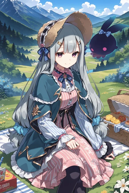 score_max, (score_9, score_8_up, score_7_up:1.2), score_6_up, official art, source_anime,
, masterpiece, absurdres, high detail, 8k,
mountain, raccoon, picnic sheet, lunch box,
sitting, bored, smile, black ghost,
solo, rubetti, low-tied long hair, bonnet, straw hat, hat bow, blue bow, hair scrunchie, hairclip, green capelet, blue bowtie, pink dress, vertical-striped dress, floral print, frills, long sleeves, sleeves past fingers
<lora:XL_Pony_gomaotsu-ruberis-t1:1.0>