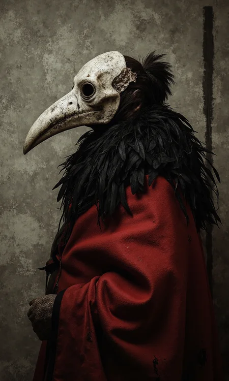 A medium, slightly high-angle shot captures a studio photograph, staged to emulate the composition and mood of the original digital painting, with the main light source positioned slightly to the front and left of the subject, creating soft shadows and highlighting the textures of the mask and cloak, and the lighting is subdued to create a mood. The Body pose is facing to the left, with the head and mask in profile, mirroring the original artwork, with the body angled slightly forward. The central element is a person wearing a meticulously crafted replica of a plague doctor mask, made from a material resembling aged bone or plaster, the mask features a long, pointed beak, painted in a darker gray, with empty eye sockets and carefully sculpted sutures, and subtle weathering and dark speckles are added to the mask's surface for a realistic, aged look, a small tuft of black, synthetic hair is attached to the top of the mask. The neck area is covered with a dense layer of real black feathers, carefully arranged and attached to create a seamless transition between the mask and the cloak. The person is draped in a heavy, deep red cloak, made from a thick fabric like velvet or heavy cotton, the cloak is styled with folds and drapes to mimic the original painting, and small, carefully applied dark red splatters are added to the cloak, simulating stains. The background is a physical backdrop, painted with a textured, gray finish to resemble a weathered wall, with subtle variations in tone and texture applied with sponges or brushes, and a single, thin, dark line is painted vertically down the backdrop. The final image is a photograph, capturing the textures and details of a real mask, feathers, cloak, and a painted backdrop, all arranged and lit to create a realistic, yet stylized, interpretation of the original digital painting., <lora:FLUX-daubrez-DB4RZ-v2:0.3> DB4RZ, DB4RZ style painting
<lora:aidmaRealisticSkin:0.8> aidmarealisticskin
