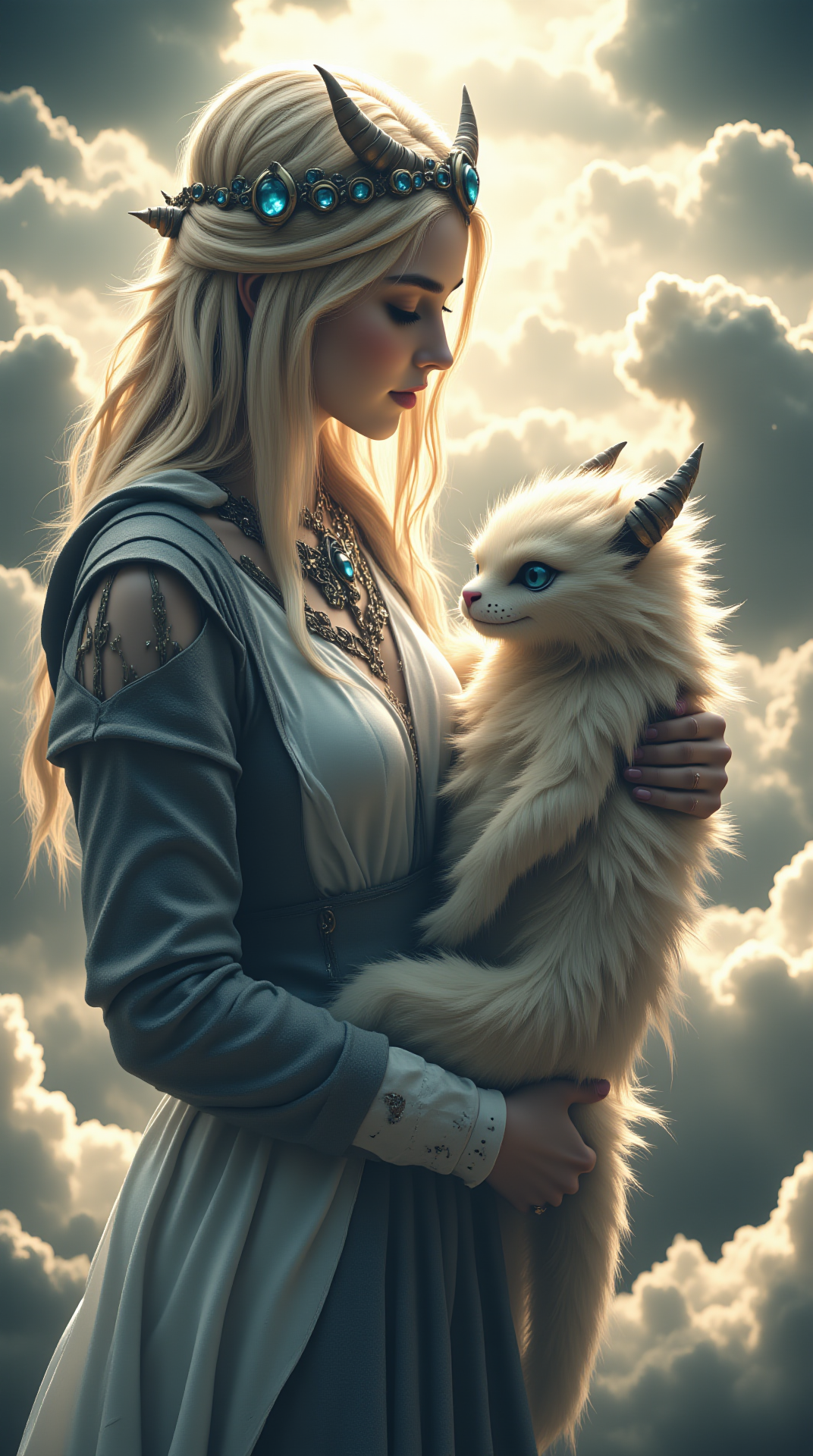A serene young woman with long, blonde hair adorned with a jeweled headband, gently holding a fluffy evil dragon. They are bathed in soft, ethereal light amidst a cloudy, dreamlike background. The two form a strong contrast, the good and pretty woman, holding a fluffy evil dragon.









