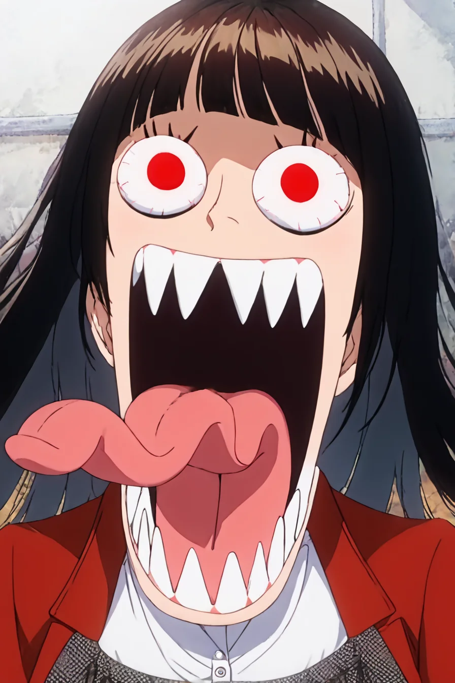 score_9, score_8_up, score_7_up, score_6_up, score_5_up, score_4_up, <lora:kakegurui_jabami_ponyXL:1> ,jabami yumeko, hime cut, red eyes,school uniform, red jacket, long sleeves, white shirt, black ribbon, black skirt, plaid skirt,1girl, alone, masterpiece, highres, highly detailed face, <lora:onepiece_funny_face:1>, one_piece_funny_face, eye pop, snot, sharp teeth, eyes vein lines, open mouth, tongue out, long tongue