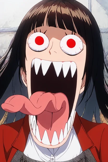 score_9, score_8_up, score_7_up, score_6_up, score_5_up, score_4_up, <lora:kakegurui_jabami_ponyXL:1> ,jabami yumeko, hime cut, red eyes,school uniform, red jacket, long sleeves, white shirt, black ribbon, black skirt, plaid skirt,1girl, alone, masterpiece, highres, highly detailed face, <lora:onepiece_funny_face:1>, one_piece_funny_face, eye pop, snot, sharp teeth, eyes vein lines, open mouth, tongue out, long tongue