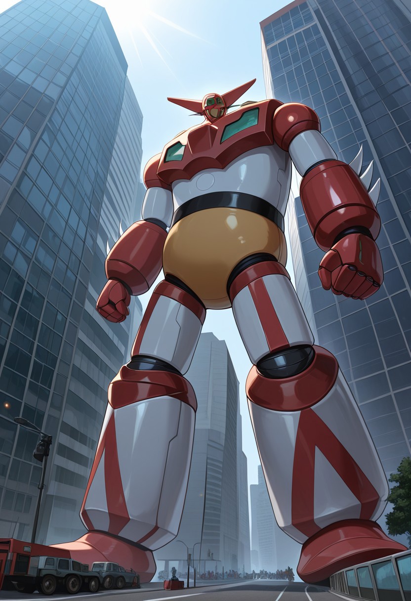 score_9, score_8_up, score_7_up, score_6_up, score_5_up, score_4_up, 4k quality, detailed, dramatic lighting, (getter robo, super robot, mecha), solo, 1boy, (no humans), best quality, masterpiece,  ((giant, macro)), landscape, towering over city, bright sunny day, ((low angle view, full body)), looking at viewer