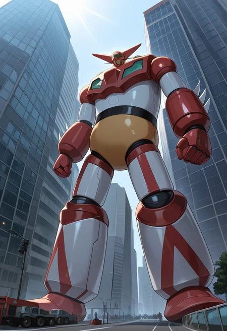 score_9, score_8_up, score_7_up, score_6_up, score_5_up, score_4_up, 4k quality, detailed, dramatic lighting, (getter robo, super robot, mecha), solo, 1boy, (no humans), best quality, masterpiece, ((giant, macro)), landscape, towering over city, bright sunny day, ((low angle view, full body)), looking at viewer