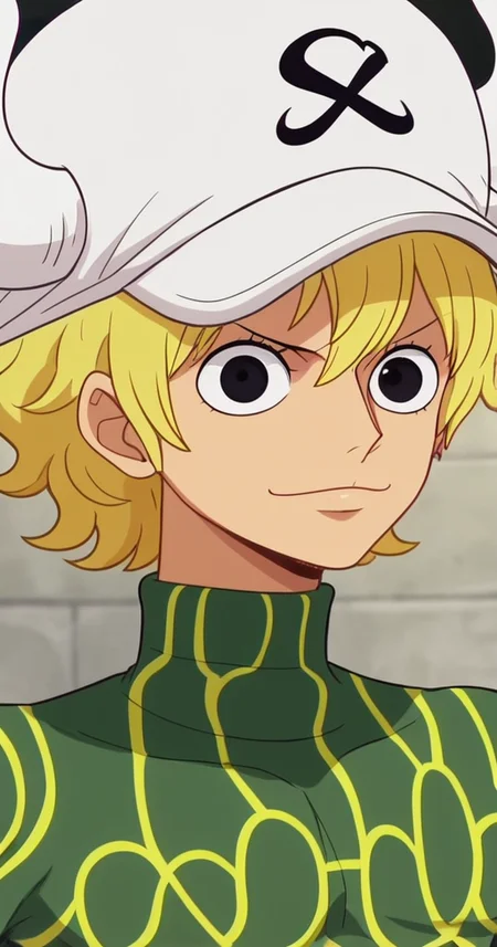 score_9, dellinger (one piece), 1boy, solo, male focus, blonde hair, hat, green shirt, turtleneck, shirt, twink, femboy, anime screencap, <lora:Dellinger_One_Piece:1>