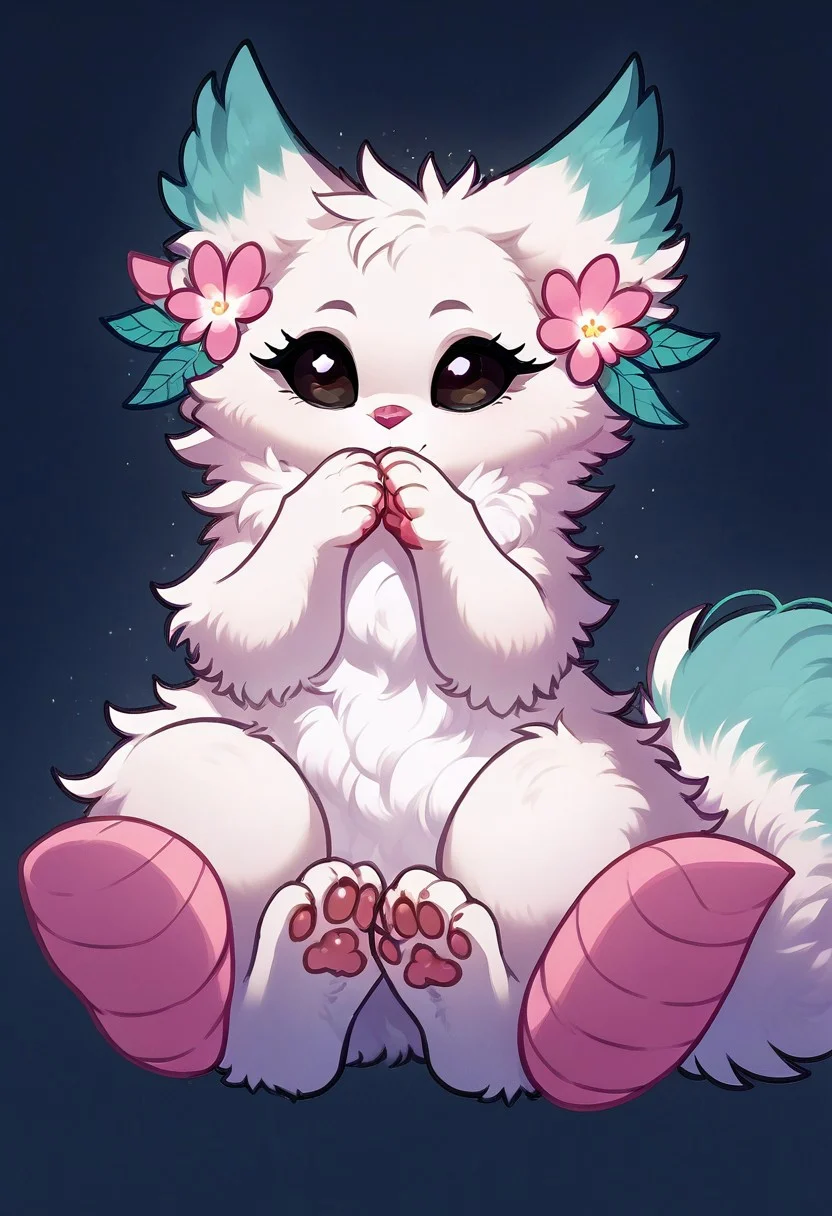 score_9, score_8_up, score_7_up,1girl, Minto, white fur, black sclera, black eyes, pink nose, paws, tail, turquoise edges at the ears,