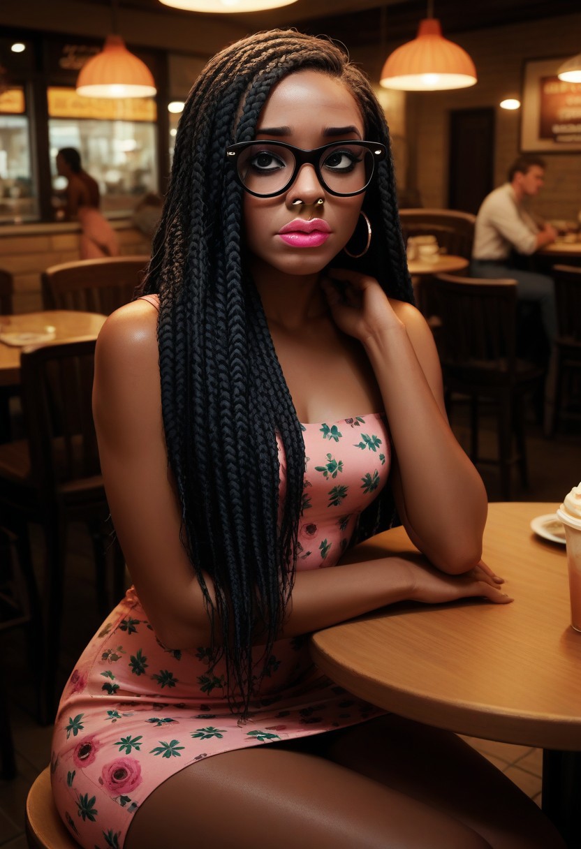 score_9, score_8_up, score_7_up, 1 woman, black woman, dark skin, afternoon at the cafe, (long pink box braids), b0ll4nd, short tight flower pattern summer dress, sitting at a table legs crossed, shy, glasses, nose ring, lip ring, dark black eye makeup, bright neon lipstick