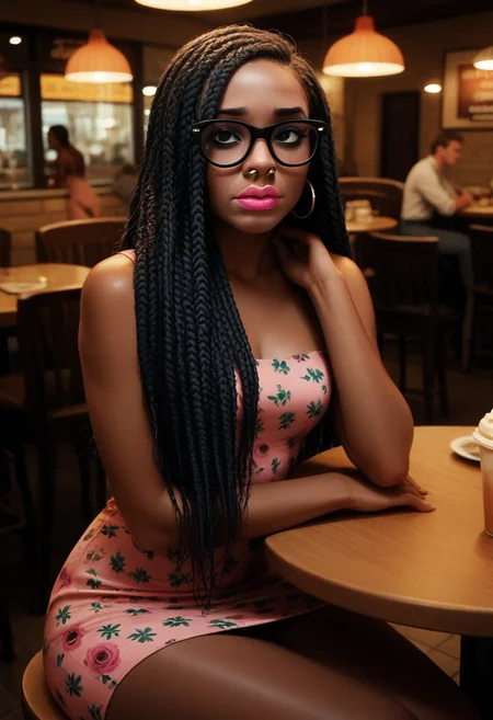score_9, score_8_up, score_7_up, 1 woman, black woman, dark skin, afternoon at the cafe, (long pink box braids), b0ll4nd, short tight flower pattern summer dress, sitting at a table legs crossed, shy, glasses, nose ring, lip ring, dark black eye makeup, bright neon lipstick