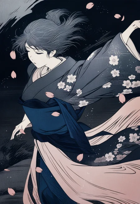 cherry blossoms in a dark storm, light and shadow, a girl in kimono and dancing, cherry petals flying in the air, wind and rain, dynamic angle, close-up shot, (best quality), woodcuts, highly detailed, KHsty-XL <lora:KHsty-XL-v3-AN:0.7>