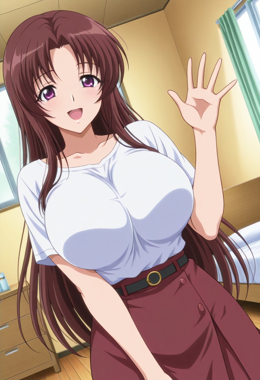 general,highres, ultra-detailed,very aesthetic,best quality ,best hands,best eyes,easynegative,
dynamic anglre, dutch angle, anime cloring,
1girl solo,looking at viewer,indoors,bedroom,smile,open mouth,waving hand,
Ryoko Shirakawa, long_hair, brown_hair, purple eyes, huge_breasts,shirt,skirt,