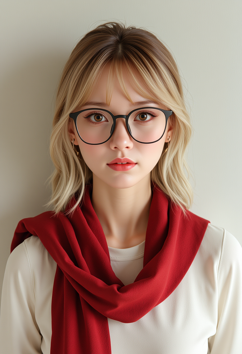 She is approximately 18 years old. Hyperrealism, she is looking at the camera, (dynamic angles), profile headshots of a beautiful, stunning unique female character. she has blonde hair. her eyes are filled with joy and excitement, extravagant eyelashes, a photo of Ch0c0_V2, a woman wearing glasses, a red scarf, and a white shirt. The woman is posing confidently. simple beige background. She has a slight smile on her face and is looking directly at the camera. The background is a simple white wall.. making this image a masterpiece of photography and digital art. Style: realistic hyper-detailed rendering, 32k UHD, expressive eyes, punk, graphic design, girl's face, pretty and cute, gleaming lips, white skin, telling a tale of adventure. Exuding confidence and serenity. The background is a simple white wall. The overall mood of the image is happy and relaxed.RAW candid cinema,16mm,color graded portra 400 film,remarkable color,ultra realistic,textured skin,remarkable detailed pupils,realistic dull skin noise,visible skin detail,skin fuzz,dry skin,shot with cinematic camera,detailed skin texture,(blush:0.2),(goosebumps:0.3),subsurface scattering,beautiful photograph in the style of Augustus John,Sergio Toppi,Virginia Frances Sterrett,8k HD,detailed skin texture,ultra realistic,textured skin,analog raw photo,cinematic grain,whimsical,detailed hand,perfect hand.perfect style.