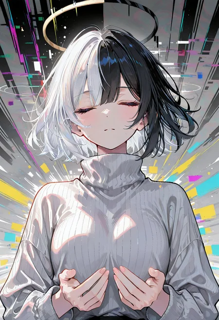 d_up, 1girl, black hair, short hair, closed eyes, white hair, multicolored hair, medium hair, shirt, turtleneck, sweater, long sleeves, turtleneck sweater, jacket, glitch, upper body, abstract background, white shirt, halo