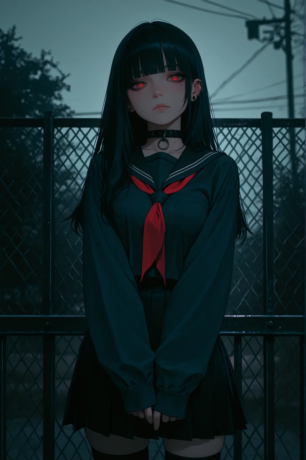 masterpiece, absurdres,best quality, incredibly absurdres ,dynamic pose, dark_theme, 1girl, solo, thighhighs, red eyes, black hair, skirt, long hair, school uniform, bangs, fence, piercing, sleeves past wrists, looking at viewer, sailor collar, pleated skirt, serafuku, ear piercing, closed mouth, outdoors, long sleeves, blunt bangs, mole under eye, choker, mole, breasts, black skirt, necktie, collar, shirt, neckerchief,scenery, depth of field, dim lighting,