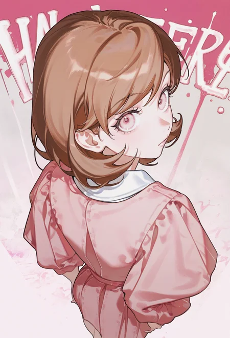 1girl, solo, takeba yukari, brown hair, short hair, pink eyes, 
pink graffiti, pink background, grey background,  
from behind, from above, perspective, 
(atie1225:0.6),
masterpiece, amazing quality, very aesthetic, hires, absurdres,
<lora:artist_niukou_kouzi_vpred_v2:1>,  <lora:nanako-san:1>