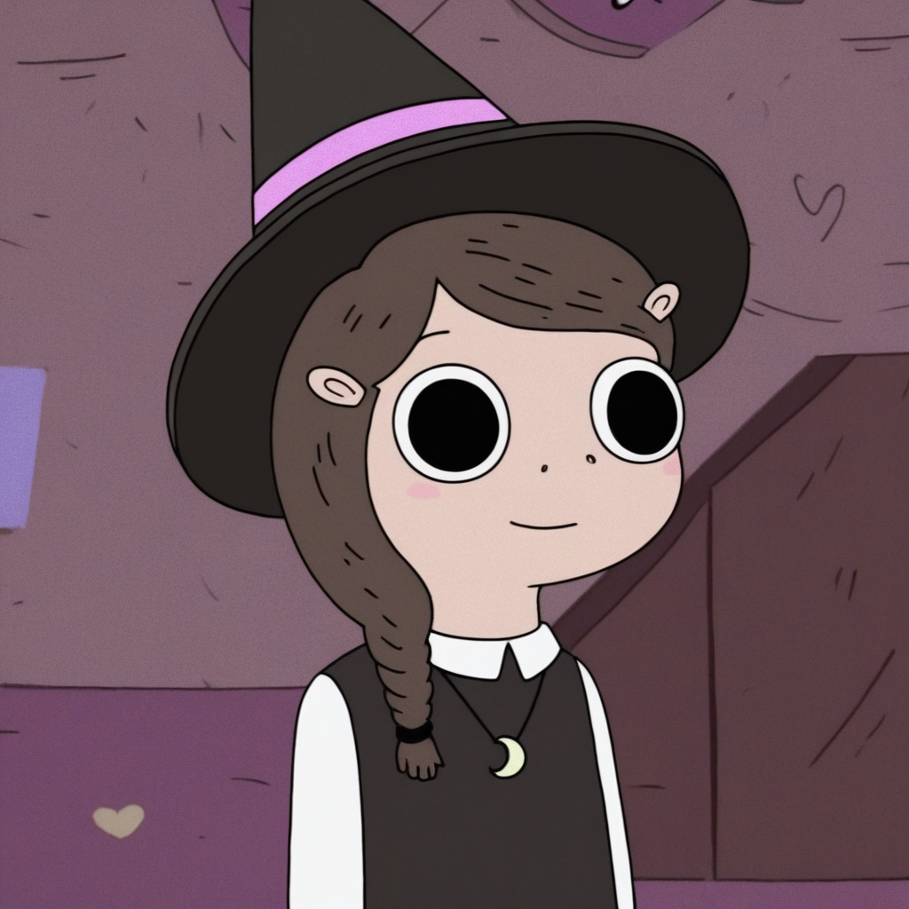 score_9, 1girl, solo, b3tsy sp3llman, witch hat, necklace, brown hair, braid, black dress, looking at viewer, smile, cowboy shot