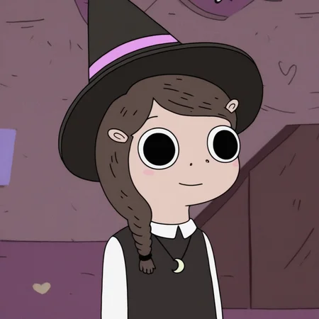 score_9, 1girl, solo, b3tsy sp3llman, witch hat, necklace, brown hair, braid, black dress, looking at viewer, smile, cowboy shot