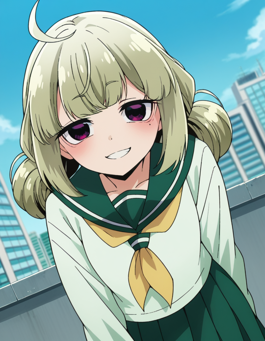 score_9, score_8_up, score_7_up, source_anime,
kiwiaraga, <lora:kiwi-araga-ponyxl-lora-nochekaiser:1>
kiwi araga, bangs, ahoge, mole, mole under eye, purple eyes, green hair, hair bun, double hair bun, smile,
skirt, shirt, long sleeves, school uniform, white shirt, pleated skirt, serafuku, sailor collar, neckerchief, green skirt, green sailor collar,
outdoors, cityscape, bent over,
looking at viewer, dutch angle, cowboy shot