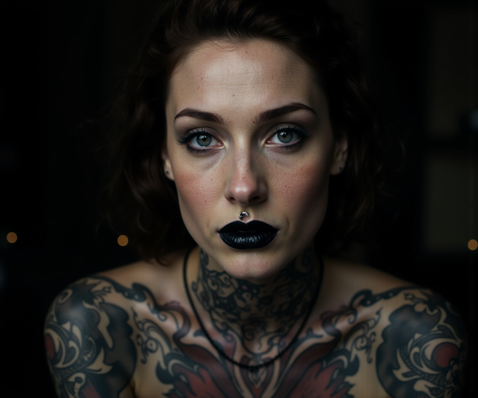 A striking portrait of a tattooed woman with a pale, freckled complexion and dark, dramatic makeup capturing an intense, sultry expression. Her deep black lips contrast sharply with her skin, and intricate tattoos adorn her arms, showcasing rich, detailed designs that weave around her body. She has a pierce through her septum and prominent eyeliner that accentuates her striking blue-green eyes, giving them an almost ethereal glow. The lighting, inspired by the cinematographic style of Roger Deakins, bathes her face in soft, dappled light, enhancing the textures of her skin and the glossy finish of her lips while creating deep, moody shadows that sculpt her features. In the background, hints of a blurred, dark environment evoke a sense of intimacy, adding a depth that draws the viewer's focus to her expressive gaze and contemplative demeanor. The composition suggests a moment of vulnerability, as if she is lost in thought, inviting the viewer to ponder her story while the cinematic aesthetic immerses them in a beautifully rendered, atmospheric scene.