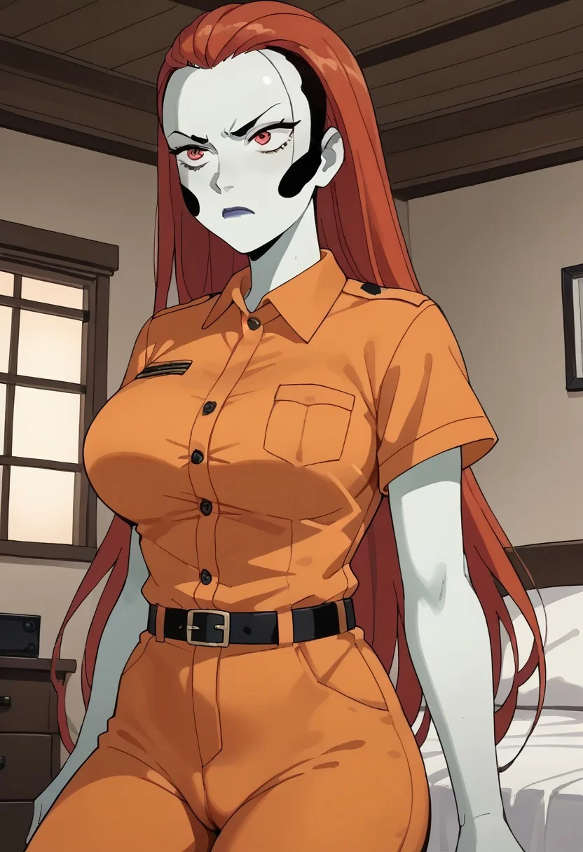 score_9, score_8_up, score_7_up, source_anime, , 1girl, very long hair, red hair, , , ( , thighs , bedroom ,white skin , cameltoe , , mature woman , , red eyes ,orange prison uniform , orange pants , collared shirt , orange shirt , black belt , , black dot on face , annoyed , short sleeves , ) ,, ,white skin , black dot on face ,