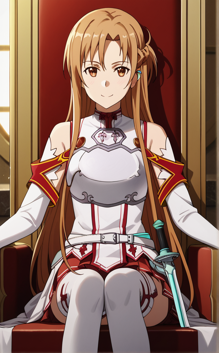 score_9, score_8_up, score_7_up, absurdres, sitting on throne, sitting, throne, throne room, straight-on, curtains, light particles, bokeh, loaded interior, indoors, solo, looking at viewer,<lora:PONYXL_SAO_AsunaYuuki_ownwaifu:1>, BREAK MainOutfit_Asuna_ownwaifu, 1girl, asuna (sao), brown eyes, brown hair, bare shoulders, breastplate, long hair, detached sleeves, armor, white armor, braid, pleated skirt, sheath, red skirt, white thighhighs, french braid, rapier, white sleeves, hair between eyes, sheathed, long legs, jewelry, long sleeves, bangs, half updo, zettai ryouiki, miniskirt, ring, shiny hair, white belt, cape, choker, breasts, parted bangs,  waist cape, wedding ring, white cape,<lora:add-detail-xl:0.15>,