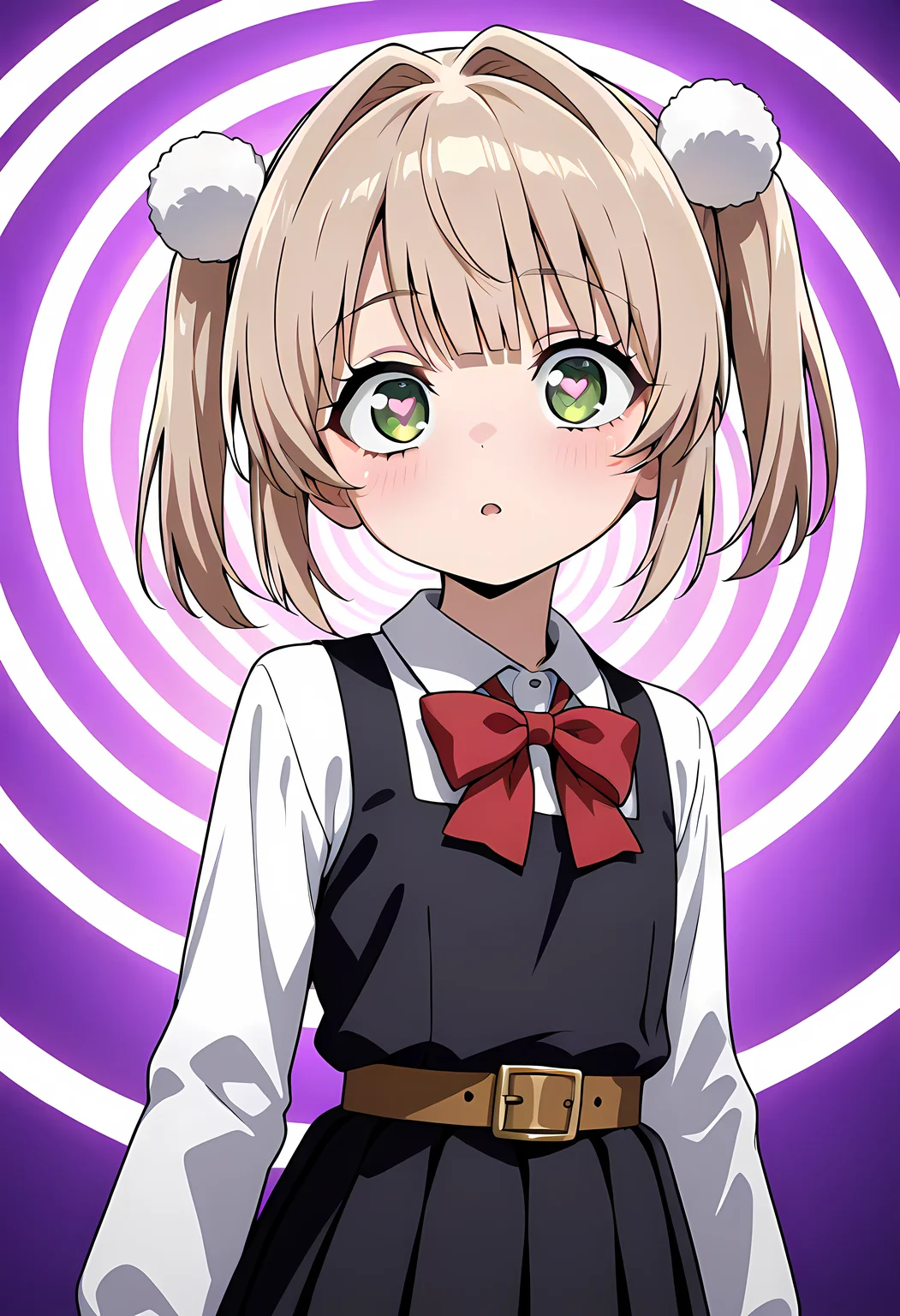 best quality, newest, absurdres, highres, detailed eyes, beautiful, detailed background, perfect eyes, anime coloring, anime screencap,masterpiece,best quality,amazing quality,very aesthetic,absurdres,newest,huge filesize,<lora:spo_sdxl_10ep_4k-data_lora_webui:0.5>,solo,1 girl<lora:Shigure Ui_ill:1>,school uniform,red bow,collared shirt,white shirt,long sleeves,belt,black dress,sleeveless dress,pleated dress,pinafore dress,flat chest,kneehighs,white ,short hair,light brown hair,twintails,pom pom hair ornament,very small girl,,hair intakes,bangs,green eyes,UiShigure,, <lora:Hypno_background_r1:0.5> ((spiral_background)), hypnosis iSpiral eyes,purple background,(heart pupils),, (portrai shot, upper body)