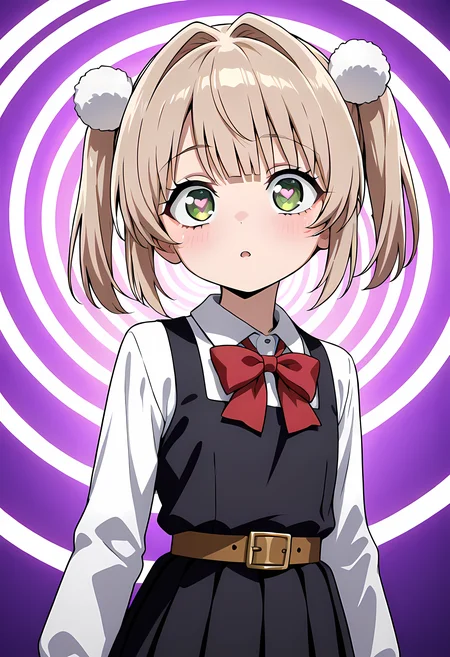 best quality, newest, absurdres, highres, detailed eyes, beautiful, detailed background, perfect eyes, anime coloring, anime screencap,masterpiece,best quality,amazing quality,very aesthetic,absurdres,newest,huge filesize,<lora:spo_sdxl_10ep_4k-data_lora_webui:0.5>,solo,1 girl<lora:Shigure Ui_ill:1>,school uniform,red bow,collared shirt,white shirt,long sleeves,belt,black dress,sleeveless dress,pleated dress,pinafore dress,flat chest,kneehighs,white ,short hair,light brown hair,twintails,pom pom hair ornament,very small girl,,hair intakes,bangs,green eyes,UiShigure,, <lora:Hypno_background_r1:0.5> ((spiral_background)), hypnosis iSpiral eyes,purple background,(heart pupils),, (portrai shot, upper body)