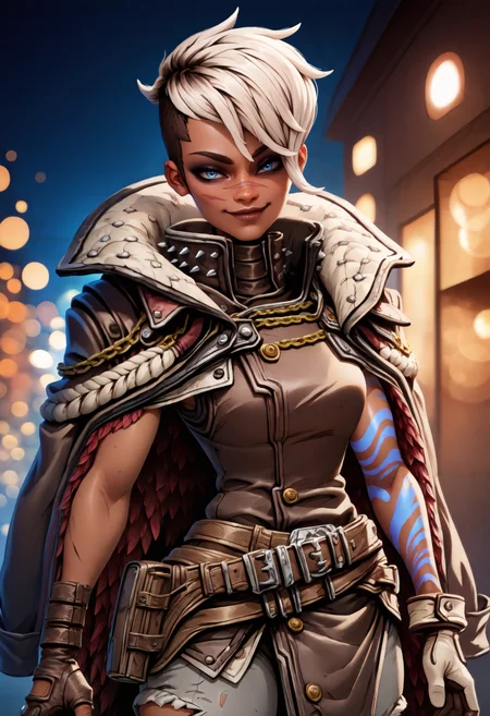 masterpiece, best quality, bokeh, night, outdoors, closed mouth, 1girl, solo, <lora:Queen Tyreen Calypso:1> dark-skinned female, two-tone hair, undercut, white hair, brown hair, asymmetrical hair, blue eyes, makeup, eyeshadow, scar on nose, arm tattoo, blue tattoo, brown coat, jacket on shoulders, red feathers, spikes, high collar, brown shirt, sleeveless shirt, gold chain, gold buttons, asymmetrical gloves, brown fingerless gloves, white gloves, pouch, brown belt, multiple belts, grey pants, torn pants, looking at viewer, cowboy shot, evil smile,