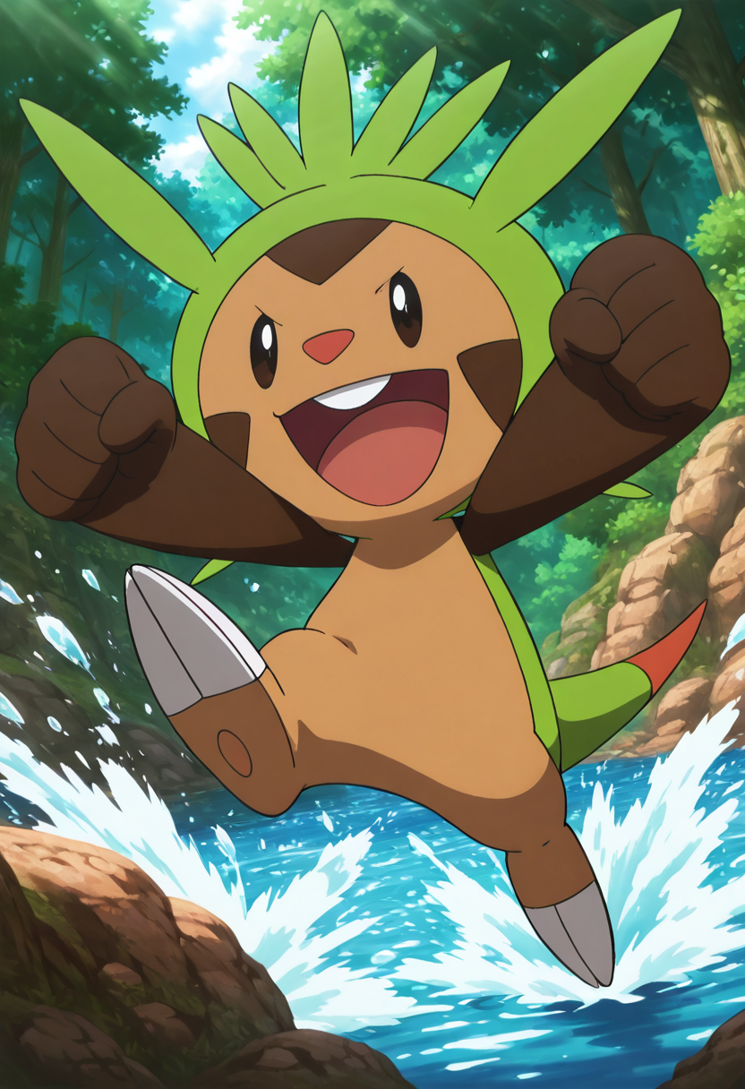 masterpiece, best quality, no humans, solo,    zzChespin, splashing in water, happy,        ,<lora:ChespinPokedex_IXL:1.0>,