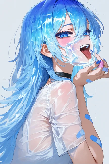 1girl, solo, bandaid, long hair, bandaid on hand, open mouth, bandaid on arm, looking at viewer, tongue, upper body, blue hair, nail polish, simple background, blue eyes, hands up, blue nails, tongue out, from side, grey background, fingernails, teeth,see-through, frozen, hair between eyes, transparent,transparent plastic covered girl, BREAK,masterpiece,best quality,absurdres,newest,very aesthetic,amazing quality,movie perspective