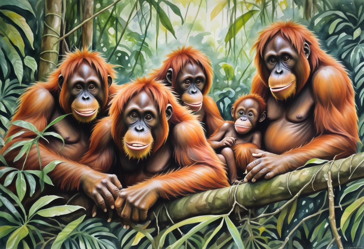 artrngtn, sumatran orangutan  youngsters playing in the jungle with mommma watching,  watercolor and marker