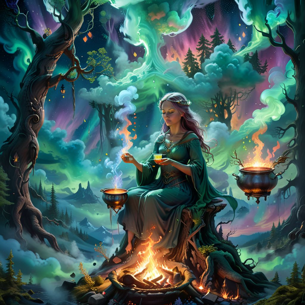 Fantasy concept art, woman brewing a potion over a fire set upon a cloud, ethereal nebula aura emanating from her figure, ingredients of imagination bubbling in a cauldron, auroras weaving through tall, ancient trees in the background, visual representation of mystical energies and connections, aurora borealis dancing vividly in the sky, digital painting, ultra realistic, dramatic lighting, breathtaking surreal masterpiece.