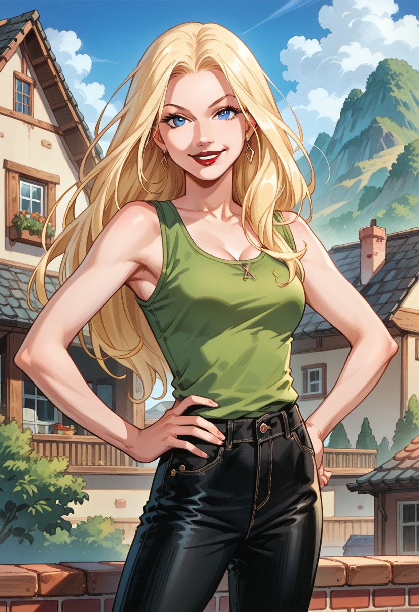 score_8, score_8_up, score_7_up, official art, 1girl, female focus, solo, SSMC2, blue eyes, blonde hair, long hair, red lips, green tank top, black pants, cowboy shot, looking at viewer, smile, standing, V, hand on own hip, outdoors, on roof,