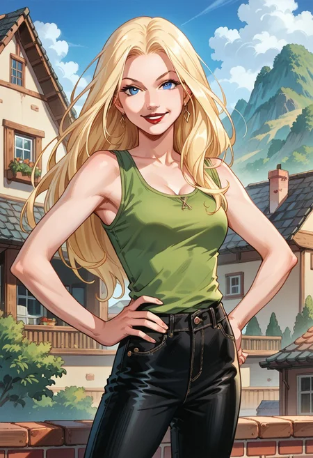 score_8, score_8_up, score_7_up, official art, 1girl, female focus, solo, SSMC2, blue eyes, blonde hair, long hair, red lips, green tank top, black pants, cowboy shot, looking at viewer, smile, standing, V, hand on own hip, outdoors, on roof,
