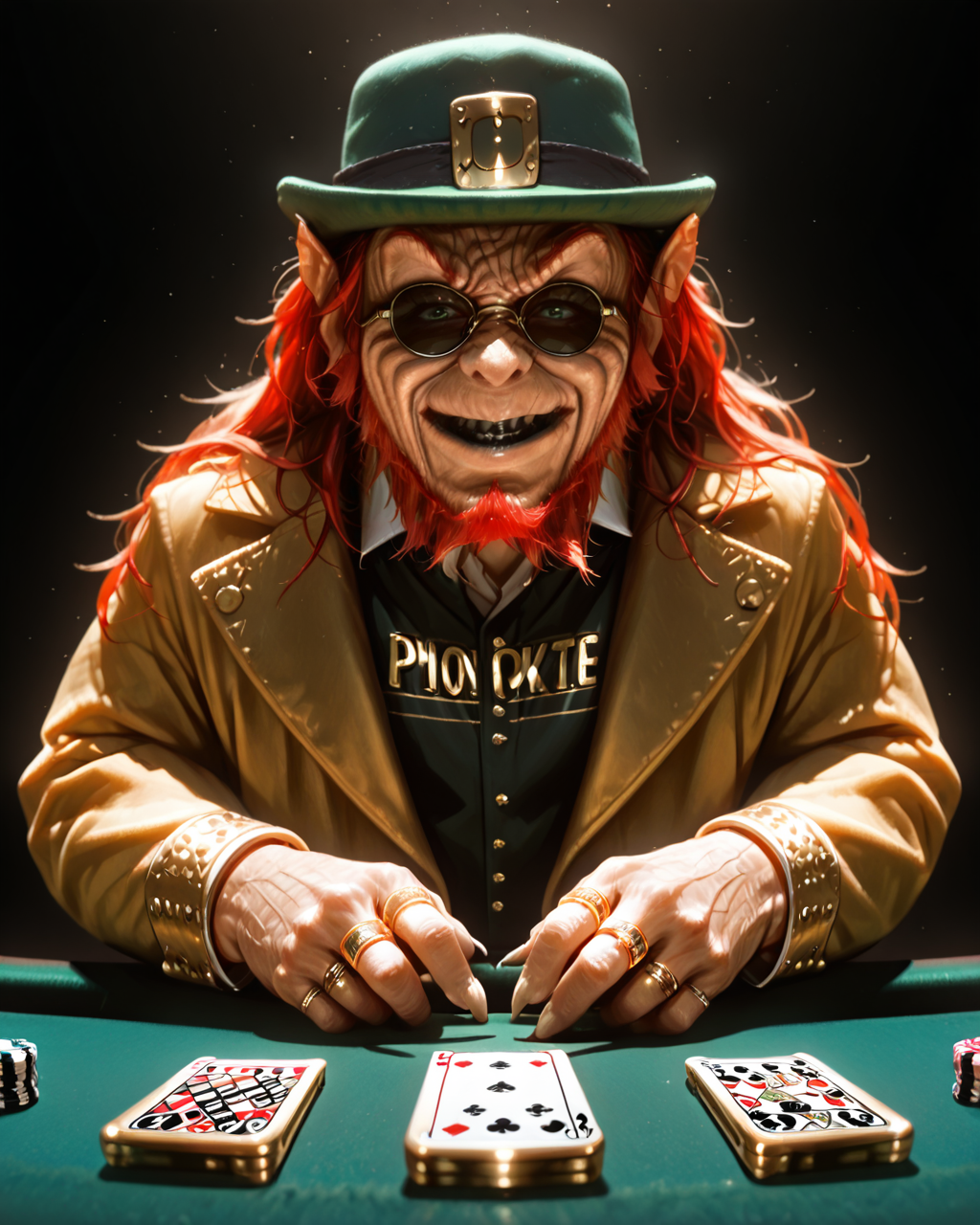 score_9, score_8_up, score_7_up, score_6_up, score_5_up, score_4_up, close up face, upper body, best quality, highly detailed, intricate details, extremely detailed, source_monster, subsurface scattering,  detailed face, intricate, photograph, extremely detailed, (plays poker:1.5), luxury poker, <lora:Leprechaun_Illustrious:1>, 1eprehau1_n, solo,boy, gold watch, watch on hand, gold rings, wrinkled skin, gnome, (gold hoodie:1.3), gold baseball cap, (sunglasses:1.3), gold pants, gold shoes, black teeth, black lips, long hair (ponytail), red hair, beard, green eyes, no human, realistic, sunny weather, male, angry smile, smug, <lora:hand 4:1>,
