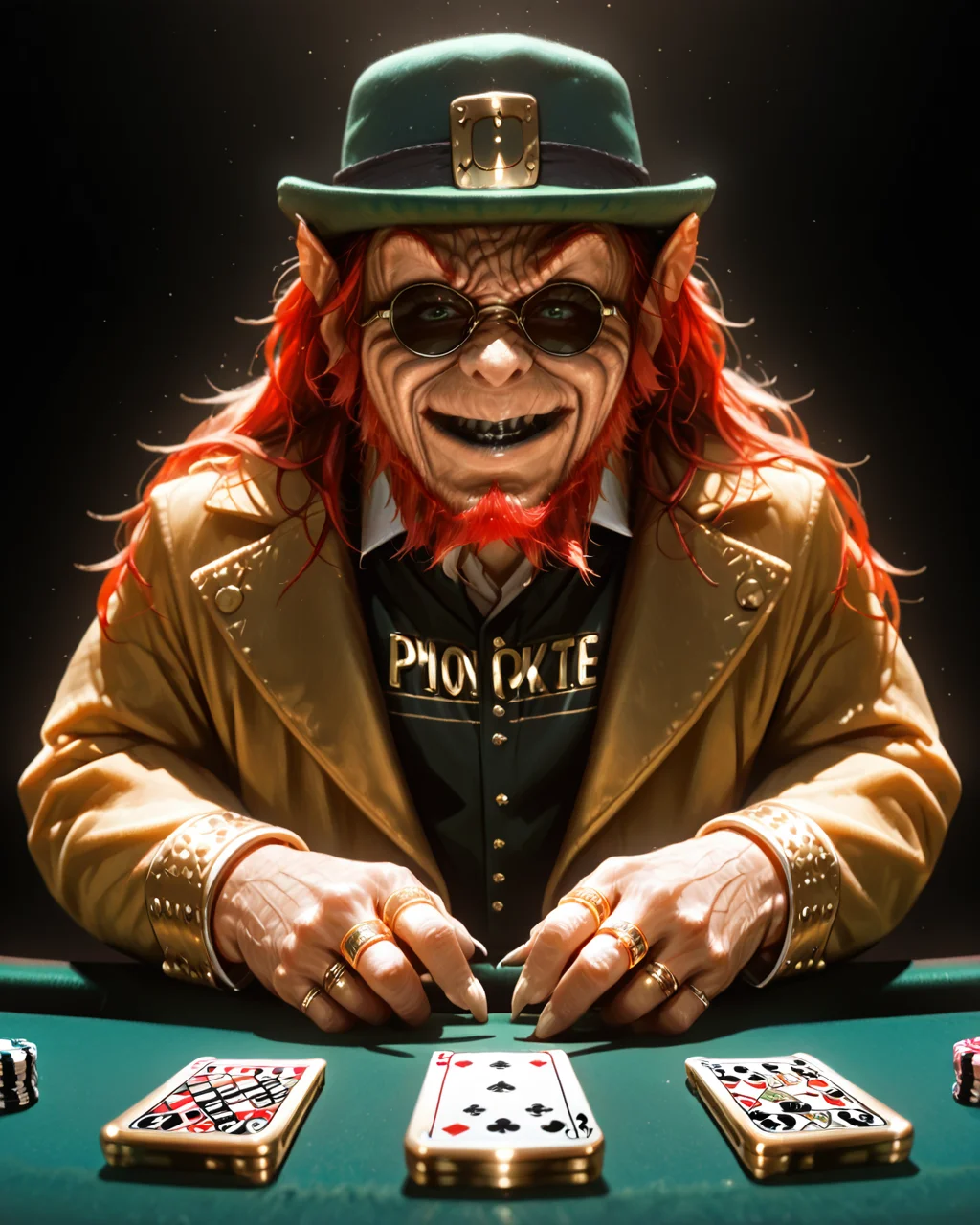 score_9, score_8_up, score_7_up, score_6_up, score_5_up, score_4_up, close up face, upper body, best quality, highly detailed, intricate details, extremely detailed, source_monster, subsurface scattering, detailed face, intricate, photograph, extremely detailed, (plays poker:1.5), luxury poker, <lora:Leprechaun_Illustrious:1>, 1eprehau1_n, solo,boy, gold watch, watch on hand, gold rings, wrinkled skin, gnome, (gold hoodie:1.3), gold baseball cap, (sunglasses:1.3), gold pants, gold shoes, black teeth, black lips, long hair (ponytail), red hair, beard, green eyes, no human, realistic, sunny weather, male, angry smile, smug, <lora:hand 4:1>,